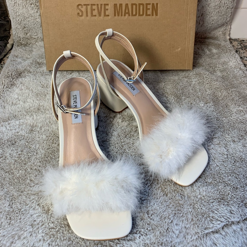 Steve Madden Ivory Fur Strap Block Heel Sandals
